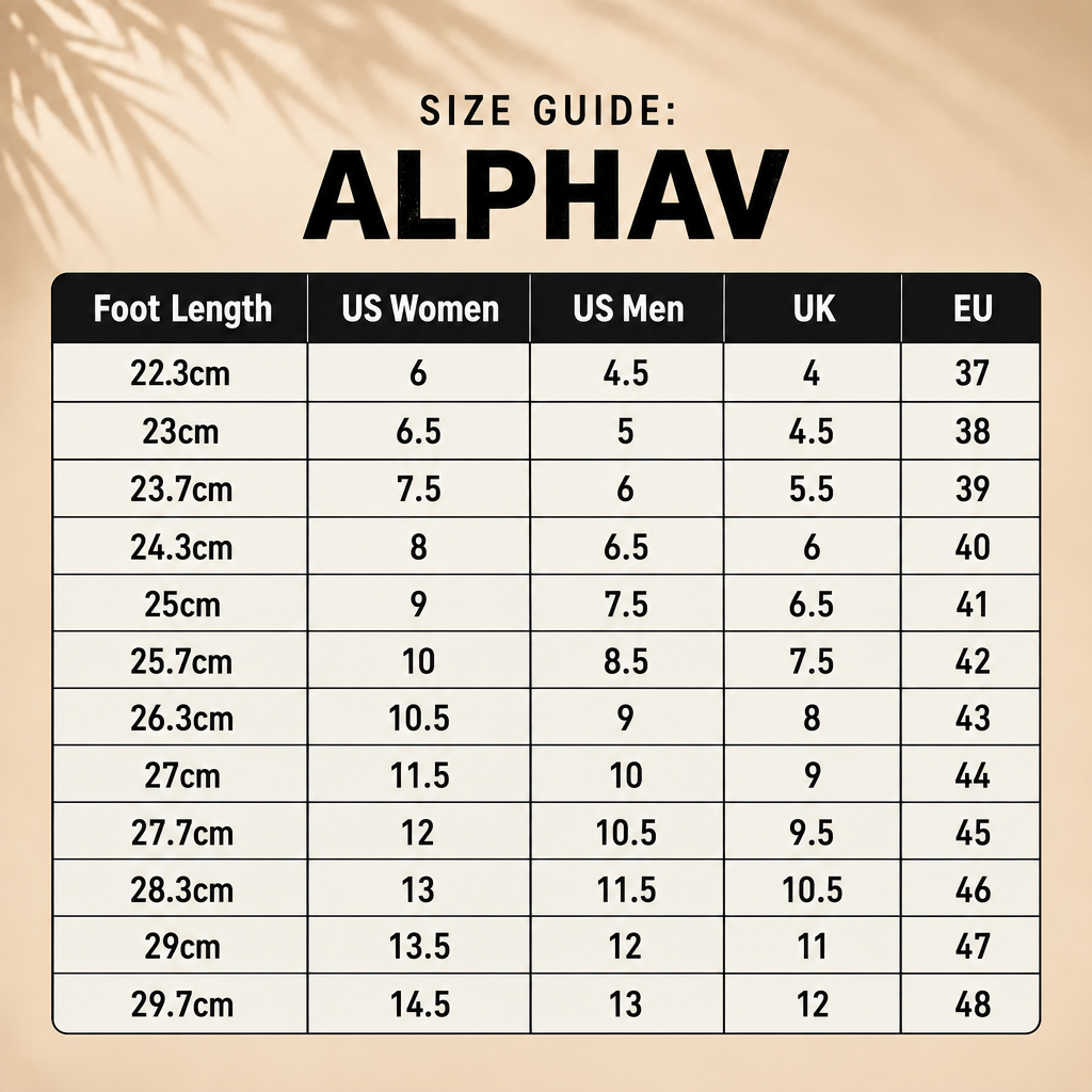 AlphaV shoe size guide