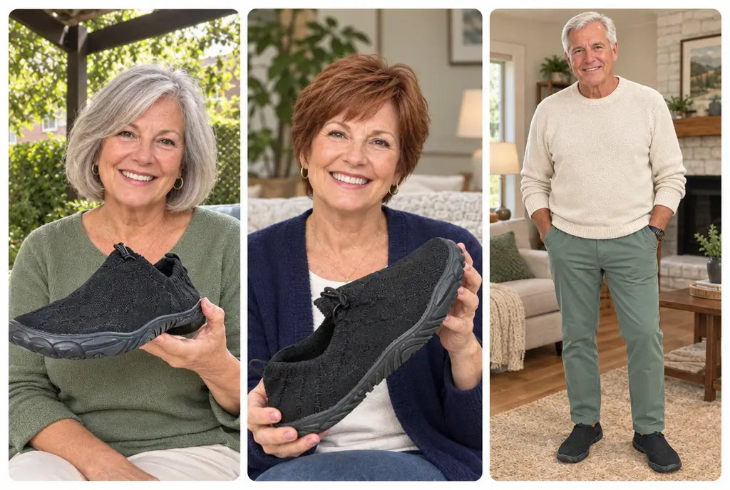 Three fictional senior models showing AlphaV knit shoes