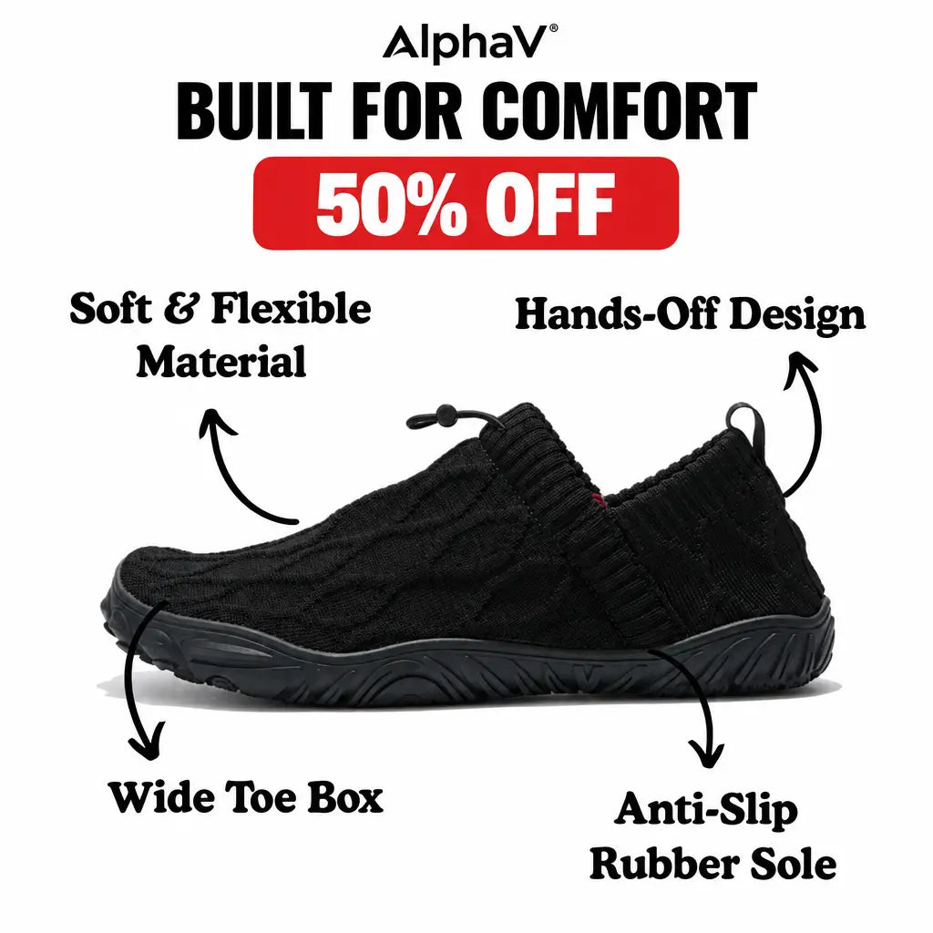 AlphaV black knit shoe with four design details and 50% offer